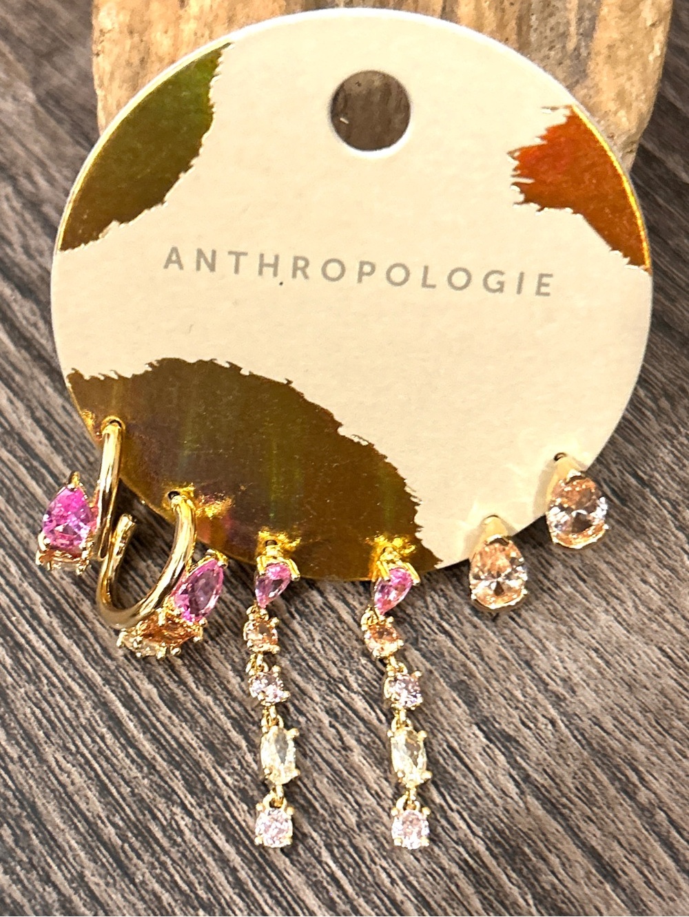 Anthropologie 14kt Gold Plated 3 Earring Pack Pink Multi Color Set NWT